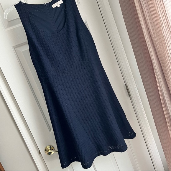 LOFT Dresses & Skirts - Loft Navy MIDI Fit and Flare Lined Sleeveless Dress Teardrop Zipper Pull Size 12